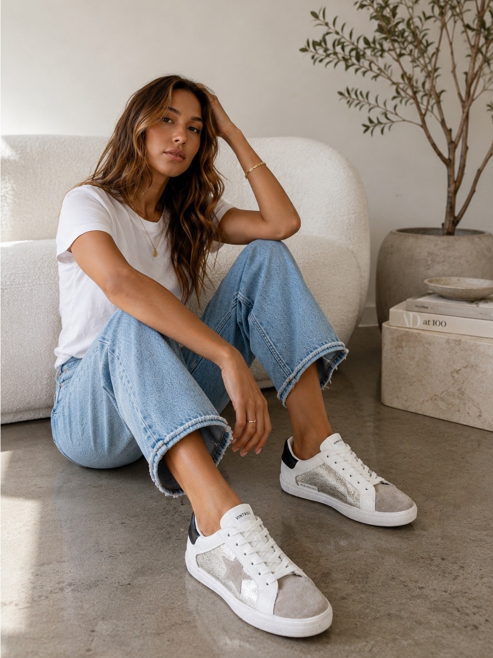 Vintage Havana White Leather Sneakers with Beige Star and Black Heel